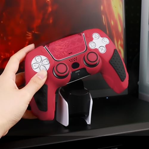 IINE Anti-Slip PS5 Controller Skin, Soft Silicone Protective Cover Case for PlayStation 5 DualSense Controller with 2 Thumb Grip Caps/Touchpad Sticker (Red) - color: Red