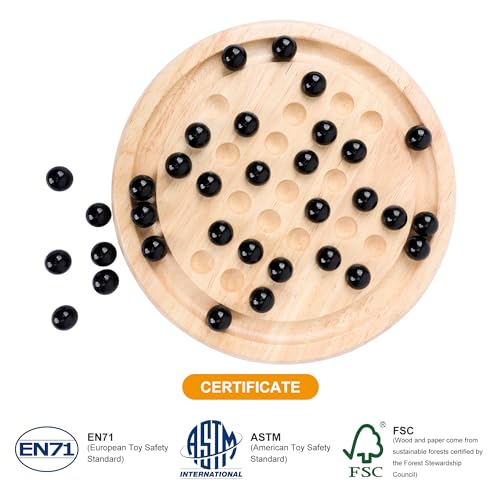 Offelec Wooden Solitaire Board Game with 33 Piece Black Glass Marbles Classic One Player Gameplay Strategy Puzzle Board Games Kids & Adults Fun Family Tabletop Toys, Birthday Gift,Table Games - color: Black Solitaire