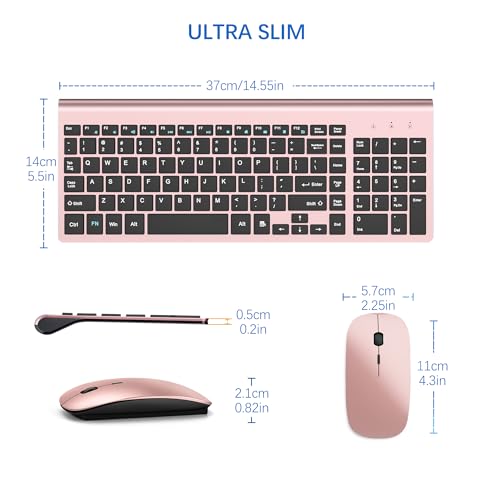 Wireless Keyboard and Mouse Ultra Slim Combo, TopMate 2.4G Silent Compact USB 2400DPI Mouse and Scissor Switch Keyboard Set with Cover, Batteries Included, for PC/Laptop/Windows/Mac - Rose Gold Black - color: Rose Gold Black