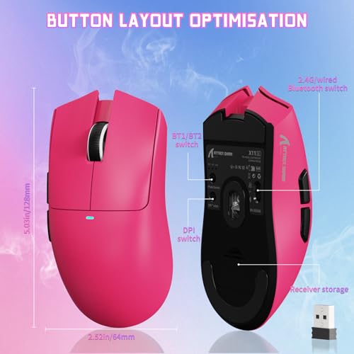 ATTACK SHARK X11SE Wireless Gaming Mouse, 59g Lightweight, Magenta | Bluetooth/2.4Ghz Wireless/Wired Connectivity, 22K DPI, PixArt PAW3311 Gaming Sensor, 1K Polling Gamer Mice for PC/Mac - color: Magenta