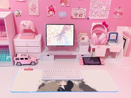 JMIYAV Pink RGB Gaming Mouse Pad 31.5x12 Inch PC XL Large Extended Glowing Led Light Up Desk Pad Non-Slip Rubber Base Computer Cute Mousepad Mat Desk Accessories Gaming Setup Fuzzy Shelter - color: Fuzzy Shelter