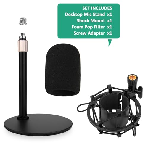 AT2020 Mic Stand, Adjustable Height Desk Mic Stand with Shock Mount, Foam Windscreen, Metal Weighted Base, 1/4 to 3/8 Metal Adapter, for AT2020 AT2020USB AT2020USB+ AT2035 Mic by Rigych - color: Desktop Stand