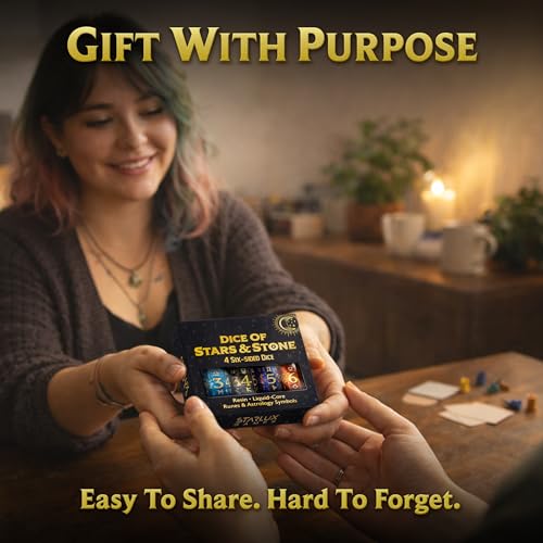 Dice of Stars & Stone – Premium D6 Dice Set | 4-Pack with Dice Bag | Six-Sided, Resin, Liquid-Core | Rune and Astrology Symbols | Witchy Gift | for D&D, Tabletop RPGs, Castings, Board Game Upgrades