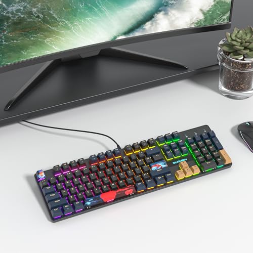 Full Size Mechanical Keyboard, Creamy Keyboard with Number Pad, 104 Keys Wired Gaming Keyboard with Red Switch, RGB Backlit for PC Laptop - color: Blue Samurai B