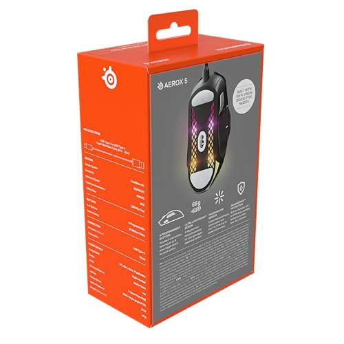 SteelSeries Aerox 5 - Holey RGB Gaming Mouse - Ultra-lightweight Water Resistant Design - 18K DPI TrueMove Air Optical Sensor | TrueMove Air sensor with 9 buttons and 66g weight for precision, speed and durability - style: Wired