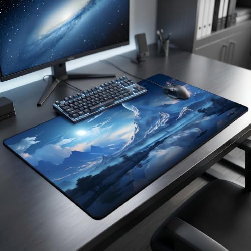XXL Gaming Mouse Pad 23.6x11.8 inch, Snow Mountain Lake Landscape Theme Desk Mat, Riverside Starry Sky Moon Scene Large Mousepad,Fantasy Artistic Keyboard Mouse Mat (Snow Peak Lake View) - color: Snow Peak Lake View