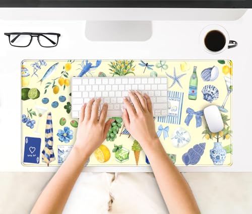 Cute Pastel Coastal Desk Mat with Vibrant Sea Life Beige Large Mouse Pad Cozy Aesthetic XXL Mouse Pad Anti-Slip Big Mousepad with Stitched Edges for Computer Desktop - color: A5- Italian Seaside