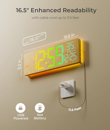 EASYERA 16.5" Large Digital Wall Clock BT Sync, 11 Scenes Mode Beige Clock | Remote Control, Big LED Clock with Dual Alarms, Auto DST, Temperature for Classroom Gaming - color: Beige