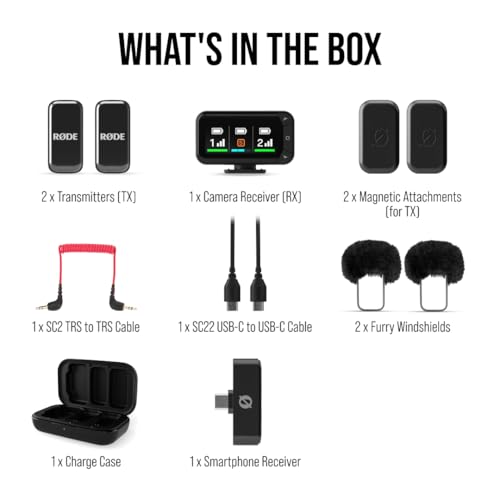 RØDE Wireless Micro - Compact Wireless Microphone Camera Kit, Two Mics with Camera Receiver, Smartphone Receiver, and Charge Case for Content Creation - USB-C, Black - color: USB-C Camera Kit