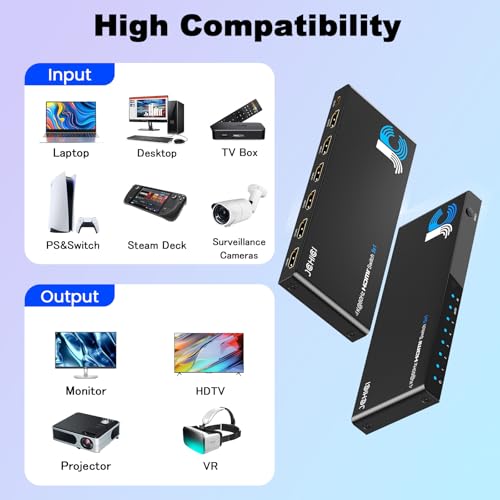 4K HDMI Switch 5x1 with Remote - 4K@60Hz HDR HDCP 2.2 - Auto-Switcher Splitter for PS5/PS4/Xbox/Switch/PC - size: 4K HDMI Switcher 5 port