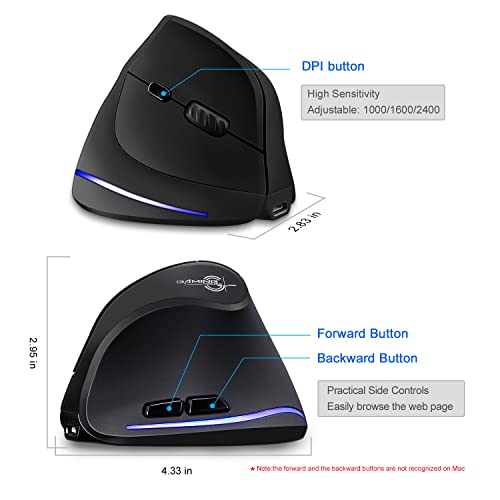 TRELC Ergonomic Mouse, 2.4G Wireless Vertical Optical Mouse with Adjustable Sensitivity (1000/1600/2400 DPI), 6 Buttons for PC, Desktop, Laptop, Notebook (Black) - color: 2.4GHz