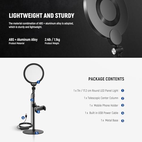 NEEWER Basics 7" Desk Ring Light for Video Recording, 10W Dimmable Full Screen Key Lighting with Stand&Phone Holder for iPhone Computer Laptop Vlog Live Streaming Video Conference, R06