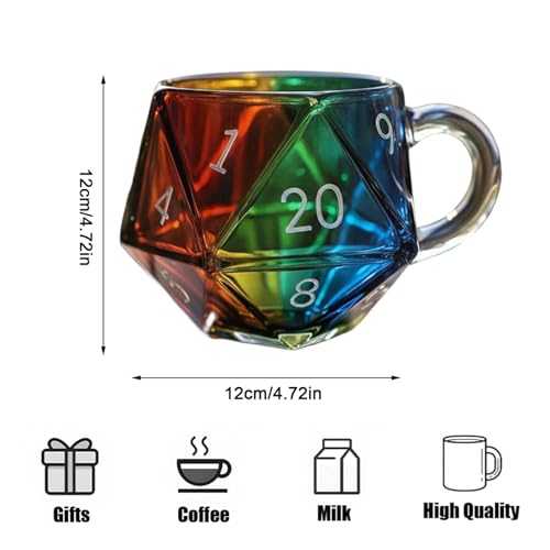 Rainbow D20 Dice Glass Coffee Mug, Cool D20 Dice Glass Coffee Cup, Funny Novelty Coffees Mugs Gifts, Gaming Mug for Board Game Players