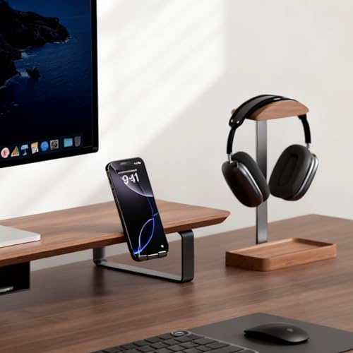 muso wood Walnut Headphone Stand, Wood Headset Stand with Storage Base, Headphones Holder for Gaming, Office, and Home Desk - Compatible with AirPods Max, Bose, Razer (Black) - color: walnut wood