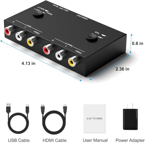 Dingsun 2 Port AV to HDMI Converter, RCA to HDMI Adapter Support 16:9/4:3 Compatible with WII, N64, PS2, VHS, VCR DVD Players etc - style: 2Port RCA to HDMI Converter