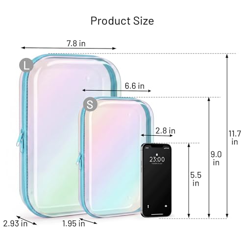 Clear Hard Shell Organizer Cases, 2 Pack | Iridescent PET shell with water-resistant, scratch-resistant surface for travel, toiletries, electronics and daily essentials - color: Blue