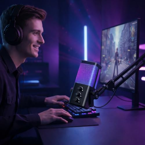 M7 USB Gaming Microphone with Boom Arm - Professional RGB Condenser Mic for PC/PS5 - Triple-Knob Control (Mic Gain, Headphone Vol, Monitor Mix) - Zero Latency Streaming Kit Mic Black - color: M7 arm stand