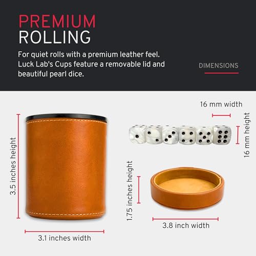 Luck Lab Brown Leather Dice Cup with Lid Including 6 Matching Pearl Dice - Tan Velvet Interior for Quiet Shaking - Use for Liars Dice Farkle Yahtzee Board Games