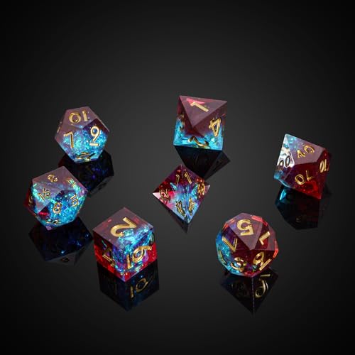 7PCS DND Dice Set,Handmade Sharp Edge Dice Set D&D RPG Polyhedral Die,for Dungeons and Dragons TTRPG Games Roleplaying Games Pathfinder,with Gift Box(Blue with Red) - color: Starry Sky(blue With Red)