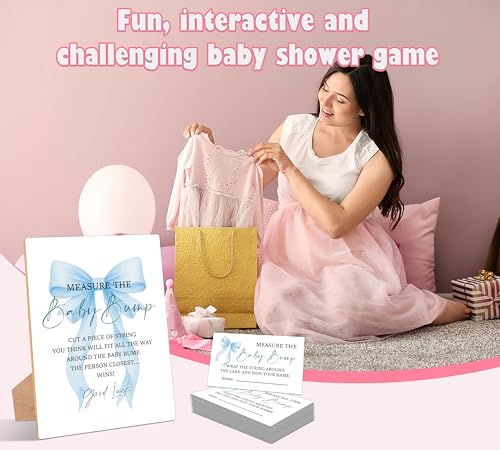 Blue Bow Measure the Baby Bump Game, Pack of 1 Wooden Tabletop Sign with Stand and 50 Guessing Cards, Blue Coquette Bow Baby Shower Game, Gender Reveal Party Decorations - HC02 - color: Measure the Baby Bump
