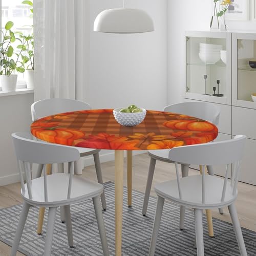Famame Autumn Pumpkins Wreath on Plaid Round Fitted Tablecloth with Elastic Protector Table Kitchen Dinner Waterproof Oil-Proof Table Covers Fits 40"-44", Small - color: Autumn Pumpkins Wreath, size: Small (40"-44")