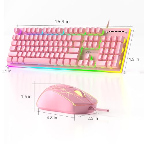 MageGee GT838 Gaming Keyboard and Mouse Combo, 104 Keys RGB Backlit Quiet Wired Keyboards for Laptop PC MAC, with Number Pad, Metal Panel, Anti-Ghosting, Pink - color: Pink