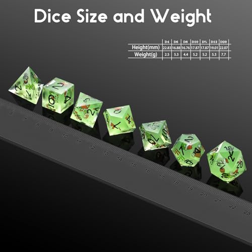 DNDND Full 7 Piece Sharp Edge Dice Set with Carton Stickers for Dungeons and Dragons D&D Table Games (Green with Carton) - color: Carton Green