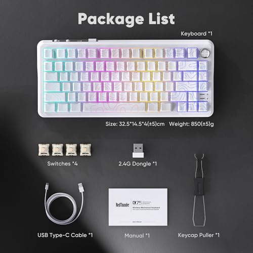 RedThunder K75 Wireless Mechanical Keyboard, CNC Knob, Tri-Mode BT5.0/2.4GHz/USB-C Hot Swappable Custom, Pre-lubed Linear Coconut Switches, Gasket Structure, RGB Gaming Keyboard, White Contour Lines - color: White Contour Lines