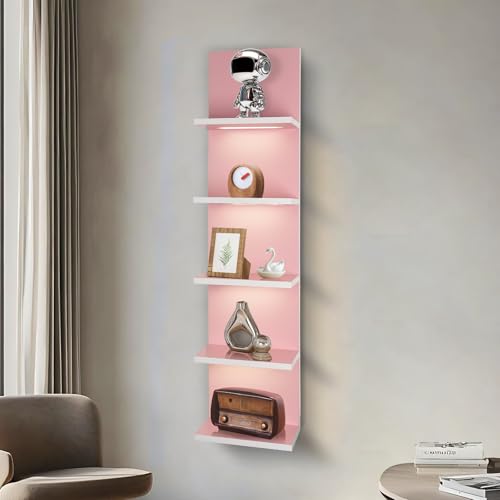 5 Tier Pink Wall Shelf Unit | Wall Shelves for Bathroom, Bedroom, Vanity, Wall Mount Vertical Lack Shelf, With LED - color: Pink