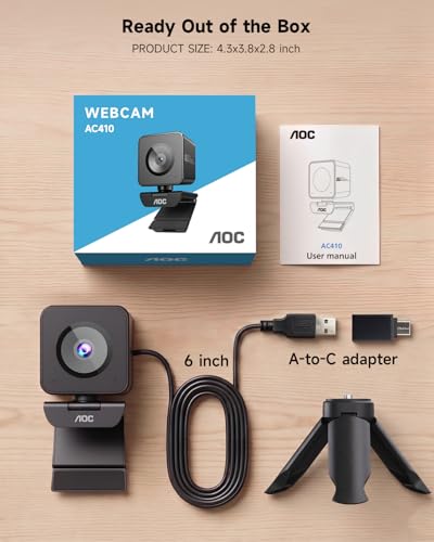 AOC 4K Webcam for PC, Sony Sensor, 1080P 60FPS Streaming Camera with PDAF | Computer Camera for Zoom/Mac/Switch 2, Privacy Cover, Plug & Play, 75° FOV, Tripod, USB A-C Adapter Included