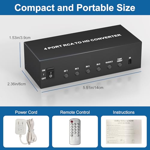 Multiple RCA to HDMI Converter - 4 Port Red White Yellow Composite Component to HDMI Converter for N64/Smart TV/AUX/PS2/PS3/VHS/VCR/DVD Players, Support 4:3/16:9 1080P/720P RCA AV to hdmi Switch