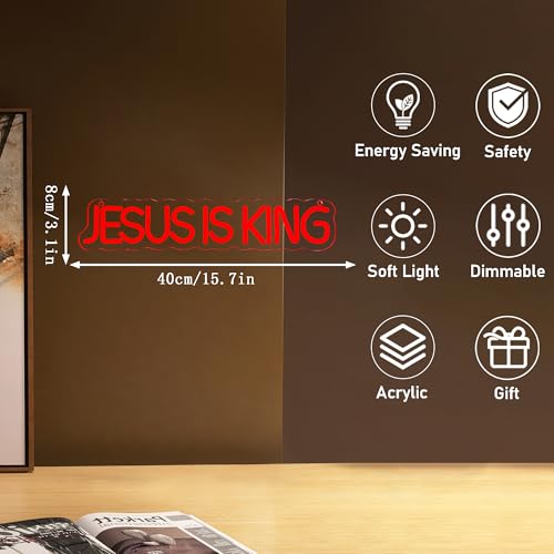 Mutank Jesus is King Neon Sign, Christian Neon Light USB Powered Dimmable LED, for Easter Church Religious Bible Verse Church God Christian Faith Based Sign Inspirational Christian Gifts(15.7*3.1 In) - color: Red+White