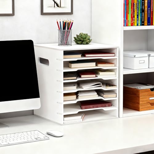 7 Tiers 12" x 12" Scrapbook Paper Storage, Cardstock File Organizer with Adjustable Shelves, Construction Paper Organizer, Desktop File for Home Office School Classroom, White