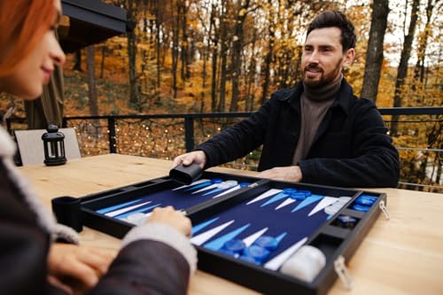 Pointworks 19 Inch Premium Backgammon Sets for Adults Leather Black - Blue. Premium 1.6 Inch Checkers & Dice Set, Travel Backgammon Set, Large, Backgammon Board Game, Backgammon Game Set - color: Black Case - Blue Field