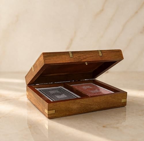 Playing Cards Holder, Handmade Wooden Card Storage Box with Brass Inlay Design, Anniversary Birthday Gifts "Made in India" (Design 2) - color: Design 2