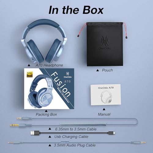 OneOdio A70 Bluetooth Over Ear Headphones, Wireless Headphones w/ 72H Playtime, Hi-Res, 3.5mm/6.35mm Wired Audio Jack for Studio Monitor & Mixing DJ Guitar AMP, Computer Laptop PC Tablet - Sky Blue - color: Sky Blue