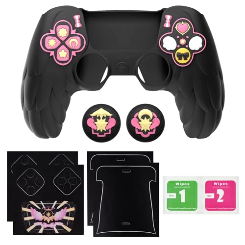 PlayVital Magic Wings Protective Silicone Cover Skin for ps5 Controller – Soft Anti-Slip Grip Protector Case for ps5 Controller with Thumbstick Caps & Stickers, Charging Station Compatible - Black - color: Black