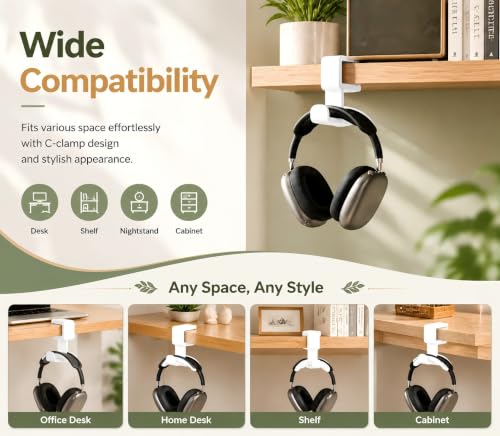 Headphone Holder for Desk, 360° Rotating Under Desk Headset Hanger with Adjustable Clamp, Space Saving Desk Headphone Stand for Gaming Setup, Office & Study, White