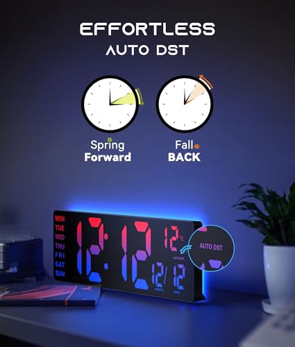 EASYERA 16.5" Large Digital Wall Clock with BT Sync,11 RGB Lights | Classroom Clock Remote Control, Big LED Display, Dual Alarms, Auto DST, Temperature | Gaming - color: Black