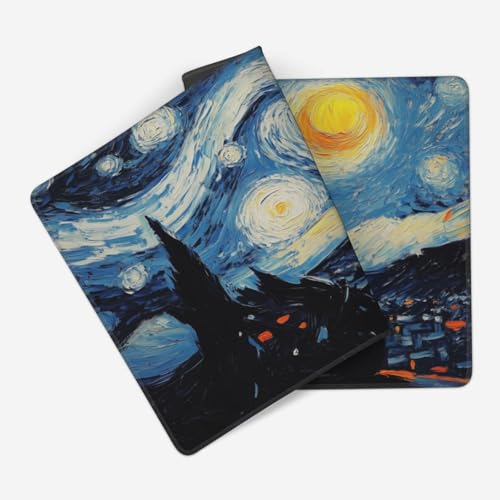 MTG Playmat Starry Night Cat Painting TCG Play Mat Original Hand-Painted Smooth Surface Stitched Edges Non-Slip Rubber Base for Trading Card Games Board Games 23.5x13.6in
