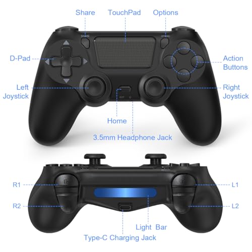 TIANHOO Wireless Controller Compatible with PS4/Pro/Slim | with Vibration Feedback, Motion Sensing, Touchpad, Light Bar, Share, 3.5mm Headphone Jack (Black) - color: Black