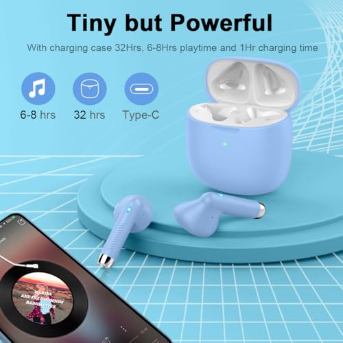 Wireless Earbuds, Bluetooth 5.4 Headphones in Ear with Noise Cancelling Mic, Bluetooth Earbuds Stereo Bass, IP7 Waterproof Sports Earphones, 32H Playtime USB C Charging Buds Light Blue for Android iOS - color: Light Blue