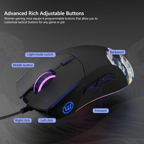 Womier Wired Gaming Mouse,Black RGB Anime Mouse w/Ergonomic Computer | 12000DPI/6 Programmable Buttons Programmable Buttons for Laptop PC Mac Windows (G705 V2 Kanagawa) - color: Black