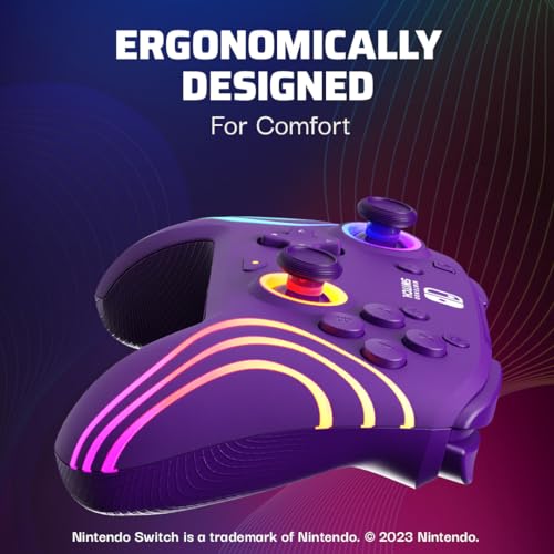 PDP Afterglow Wave Wireless Nintendo Switch Pro Controller with Motion Controls, Fully Licensed for Switch/OLED, Customizable LED Lighting, 30 Foot Range, 20 Hour Rechargeable Battery Power: Purple (Renewed)