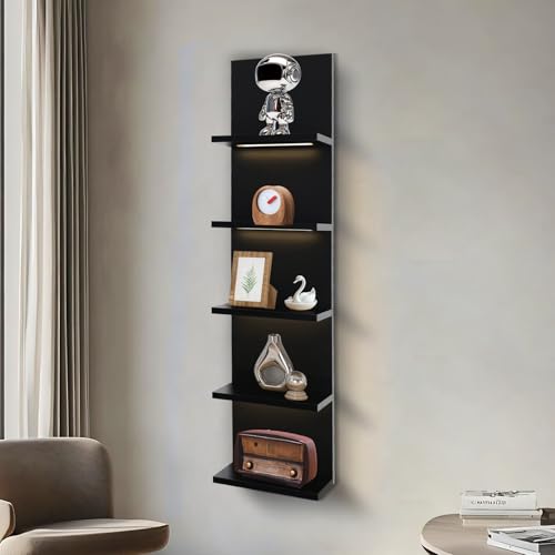 5 Tier Wall Shelf Unit, Black | Lack Shelf, For Bedroom, Office, Bathroom, Vanity Shelves, With LED Remote Control Light - color: Black
