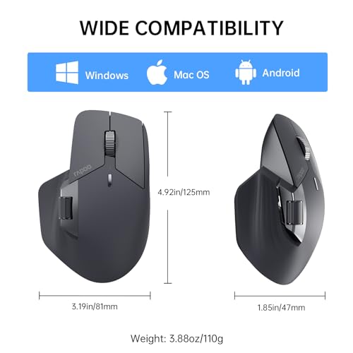 Rapoo MT760 Multi-Device Wireless Mouse, Bluetooth 5.0 and 2.4G Multi-Mode Connection, Up to 4 Devices, 11 Programmable Buttons, 4K DPI, 90 Days Battery Life, PC, Matte Black - color: Matte Black, size: Standard