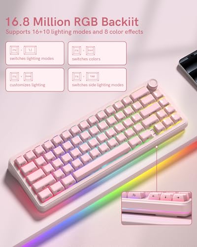 womier L65 60% Pink Mechanical Keyboard with Knob,4000mAh,Tri Mode USB-C/BT5.0/2.4G,RGB Backlit,Hot Swap,Crystal Jelly keycaps,Linear Switch,Gasket Mounted Wireless Gaming Keyboard for PC/Mac - color: Pink Jelly
