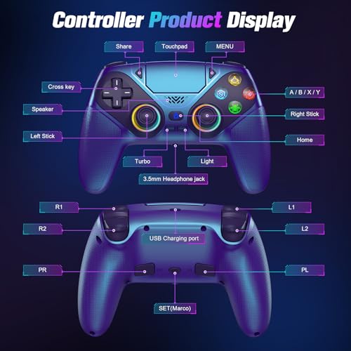 Gamrombo LED Wireless Controller for PS5, Dual Vibration, Macro/Turbo Functio Compatible with PS5 Pro/Slim/PC, n, 3.5mm Audio Jack, 6-Axis Motion Control Gamepad with Speaker (Metallic Blue - color: Metallic B