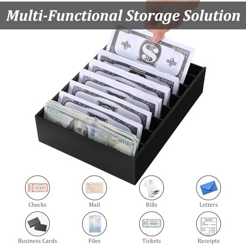2 Pack Money Organizer for Cash Black Acrylic Money Holder with Removable Dividers, 8 Compartment Cash Drawer Tray for Bills, Mail, Cards and Office Supplies