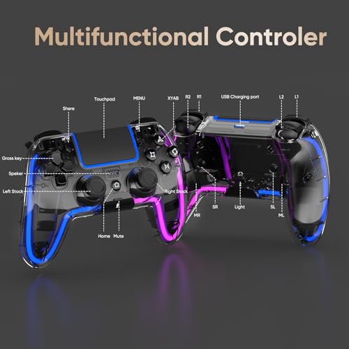 BETMI Wireless Controller for PS5, Pro/Slim/MAC/Steam Deck/PC (Transparent) | Hall Effect Joysticks,Dual Vibration, Marco/Turbo, 3.5mm Jack, 6-Axis Gyro, Mute, LED Gamepad with Speaker, L Blue R Pink - color: Transparent, L Blue R Pink